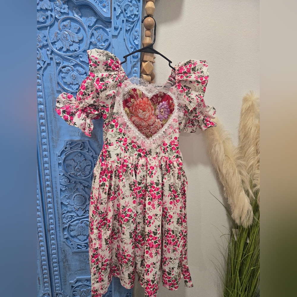 Vintage Pink and Red Ruffled Midi Dress for Wedding Guest
